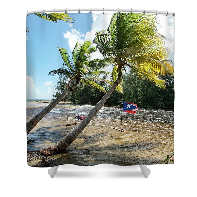 Swinging Shower Curtain featuring the photograph Swinging Under The Palm Trees, Loiza, Puerto Rico by Beachtown Views
