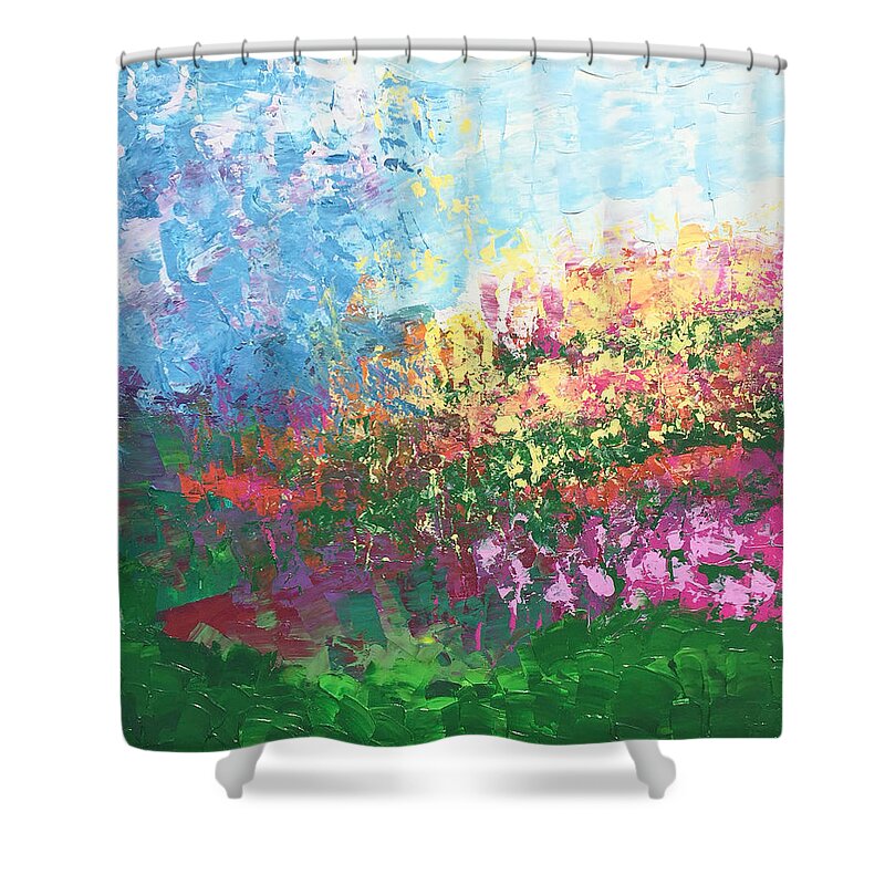 Swiss Shower Curtain featuring the painting Swiss Meadow by Linda Bailey