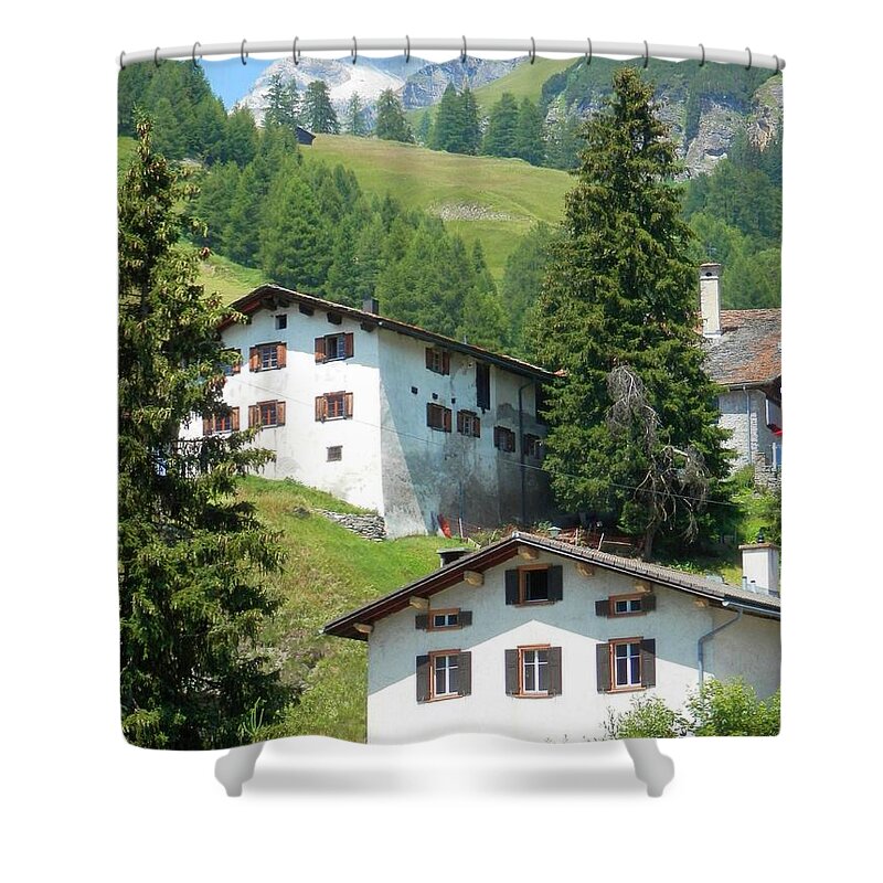 Switzerland Shower Curtain featuring the photograph Swiss Mountain Town, Spluegen by Claudia Zahnd-Prezioso