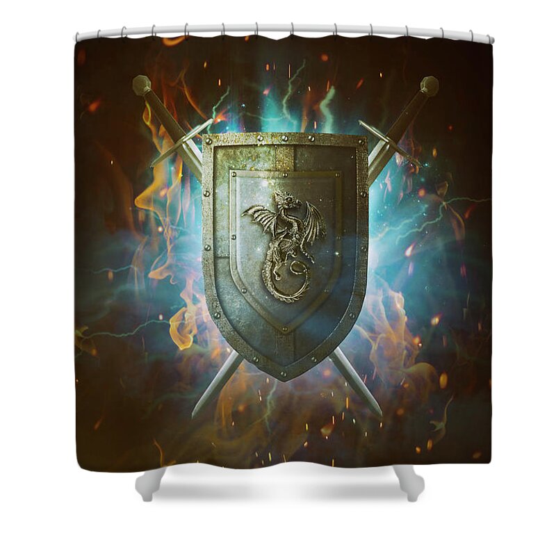Atmospheric Shower Curtain featuring the photograph Sword and shield with fiery background by Sandra Cunningham