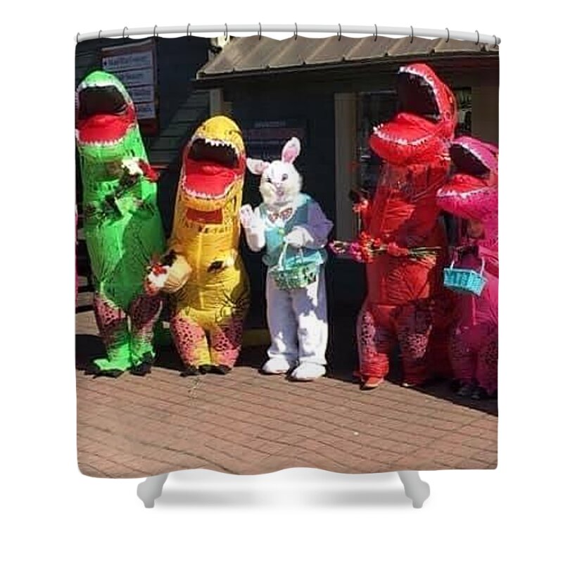 T-rex Shower Curtain featuring the photograph T-Rexes with the Easter Bunny by Brenna Woods