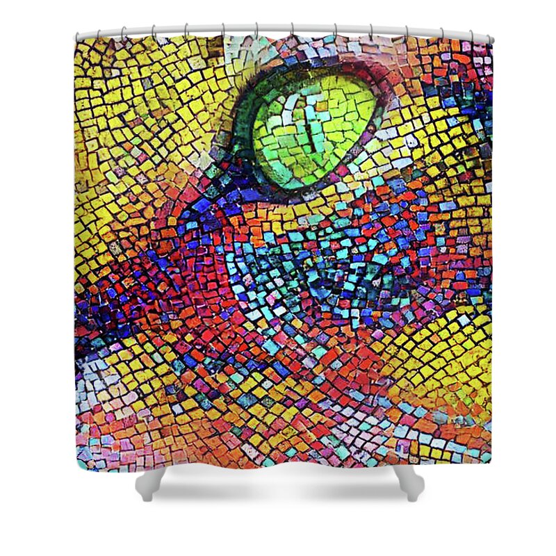 Cat Mosaic Shower Curtain featuring the mixed media Tabby Cat Colorful Mosaic by Peggy Collins