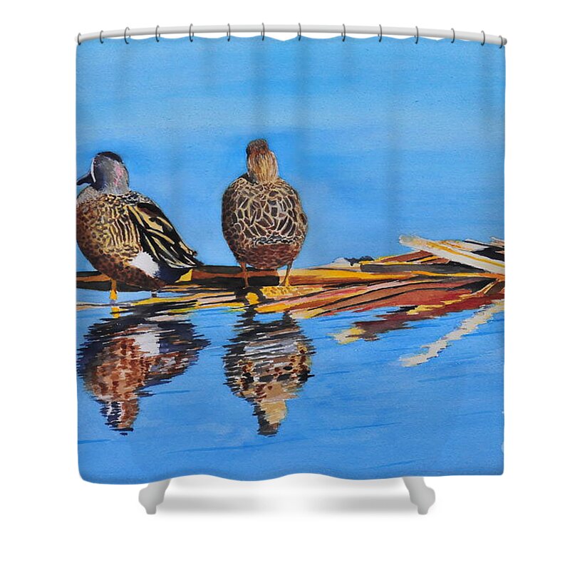 Ducks Shower Curtain featuring the painting Table for Two by John W Walker