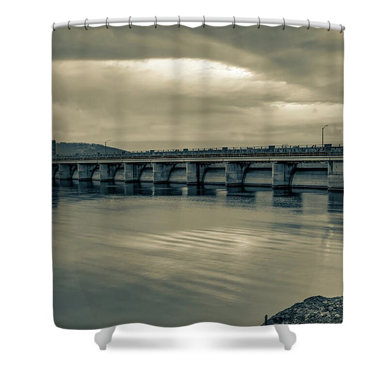 Table Rock Lake Shower Curtain featuring the photograph Table Rock Lake Dam Sepia Panorama by Gregory Ballos