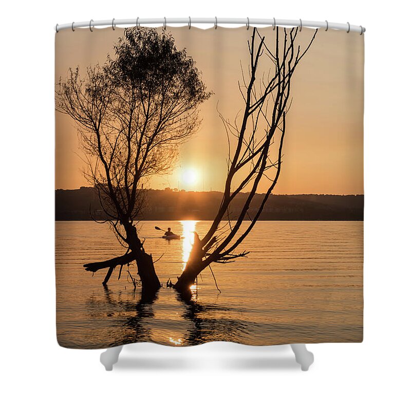 Branson Shower Curtain featuring the photograph Table Rock Sunrise Kayaking by Jennifer White
