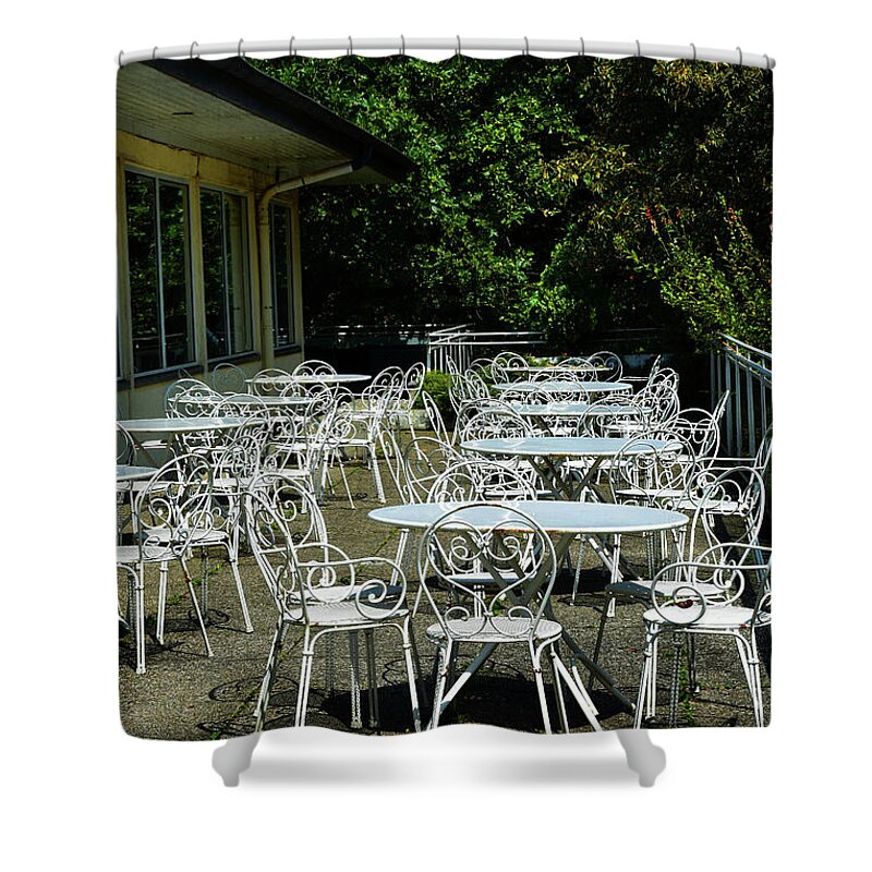 City Shower Curtain featuring the photograph Tables and Chairs by Yvonne Johnstone