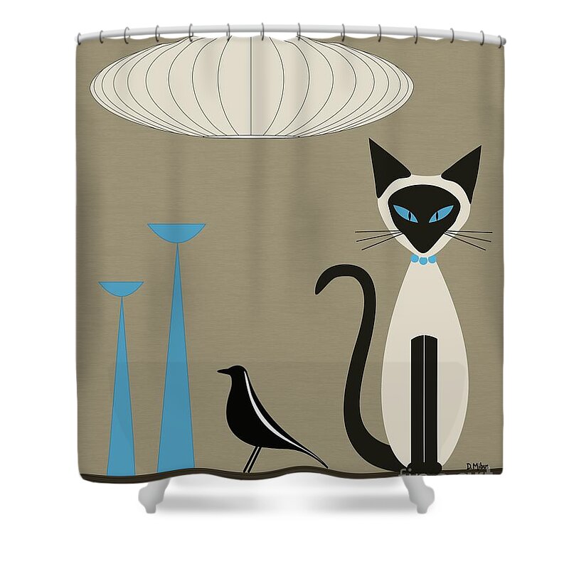 Mid Century Modern Shower Curtain featuring the digital art Tabletop Siamese Blue by Donna Mibus