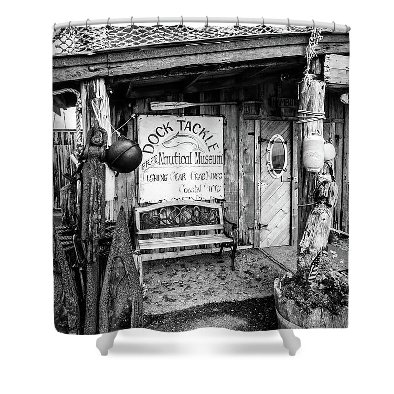 Dock Shower Curtain featuring the photograph Tackle Shop and Nautical Museum Black and White by Debra and Dave Vanderlaan