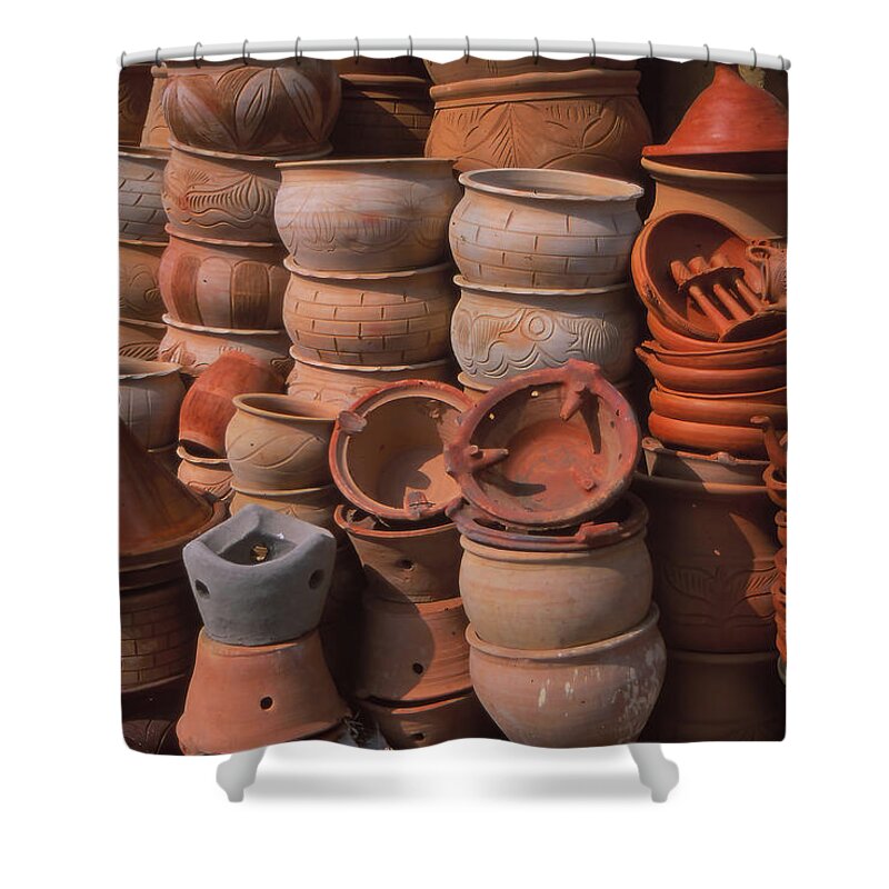 Meknes Shower Curtain featuring the photograph Tagine cookers and other pottery by Steve Estvanik