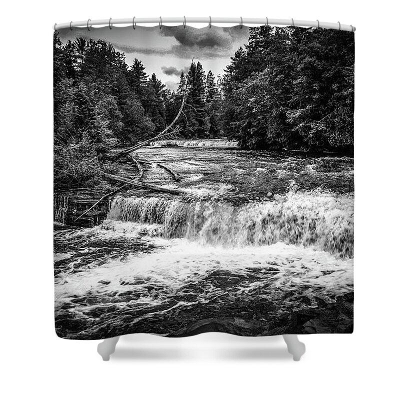 Tahquamenon Falls State Park Shower Curtain featuring the photograph Tahquamenon Lower Falls in Black and White by Deb Beausoleil