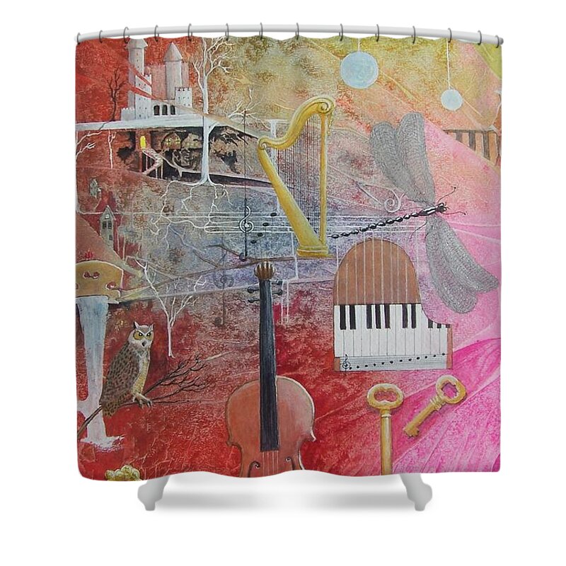 Fantasy Shower Curtain featuring the painting Take a note, please by Jackie Mueller-Jones
