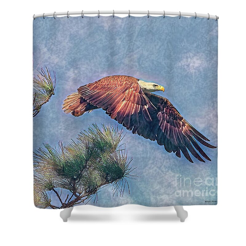 Eagle Shower Curtain featuring the photograph Take Off From The Pine by Deborah Benoit
