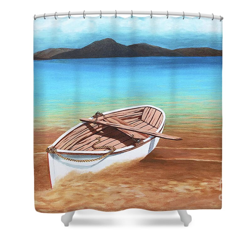 Boats In The Sand Shower Curtain featuring the painting TAKING A BOW IN SANTORINI- Prints of Oil Painting by Mary Grden