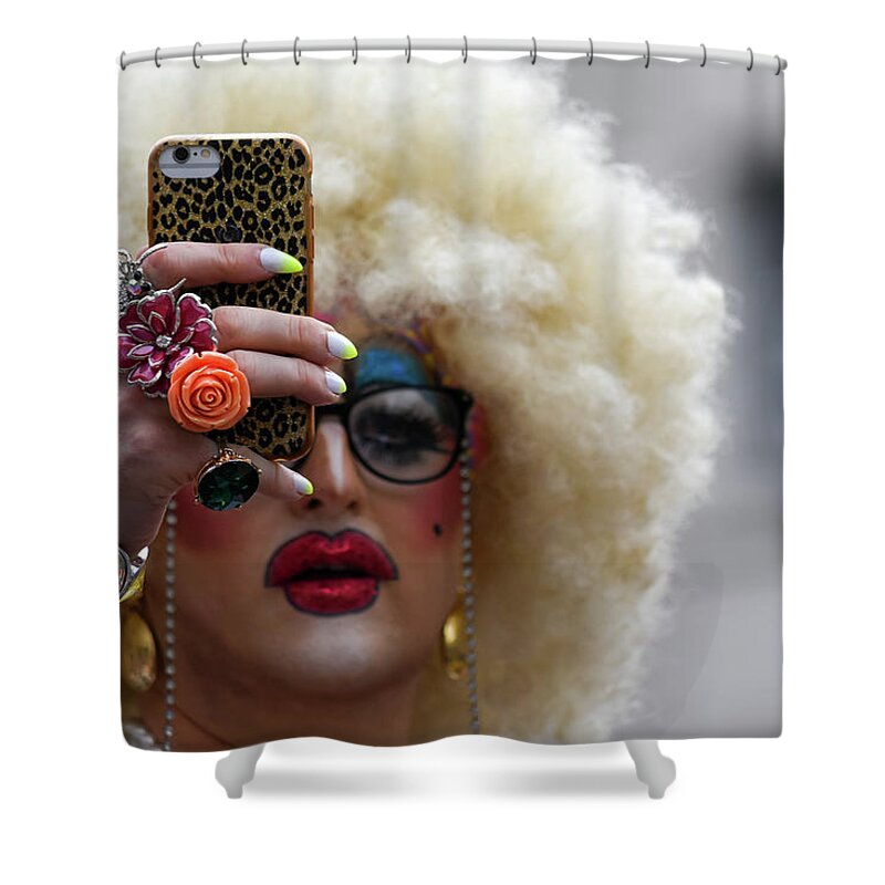 Lgbt Shower Curtain featuring the photograph Taking a selfie during Pride in London 2019 by Andrew Lalchan