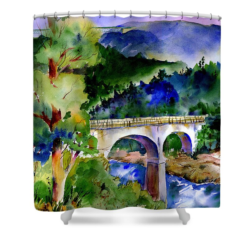 No Hands Bridge Shower Curtain featuring the painting Tale of Two Bridges by Joan Chlarson