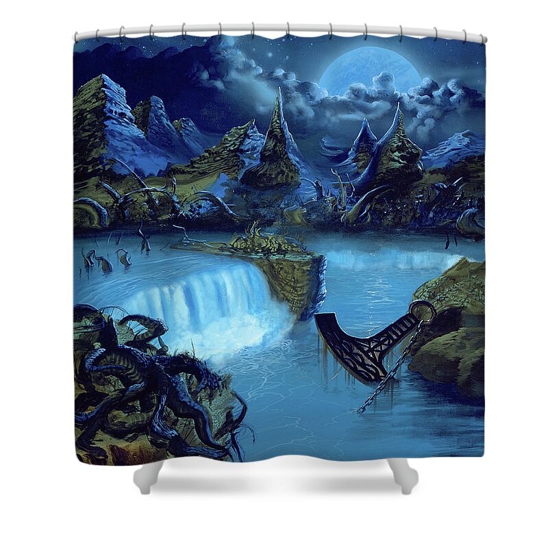 Amorphis Shower Curtain featuring the painting Tales from the Thousand Lakes by Sv Bell