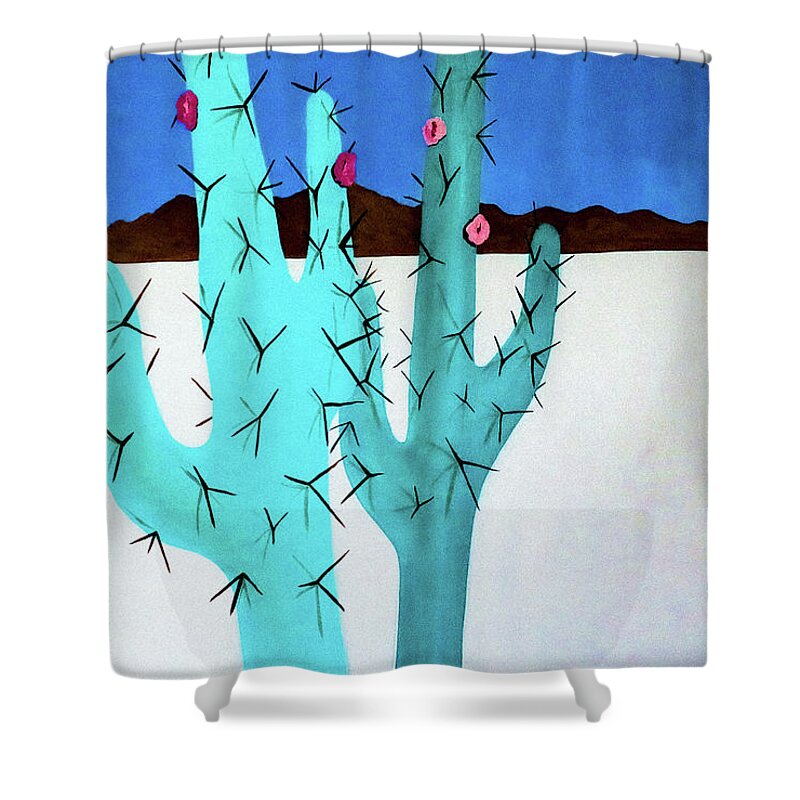 Cactus Shower Curtain featuring the painting Tall Cacti Two by Ted Clifton