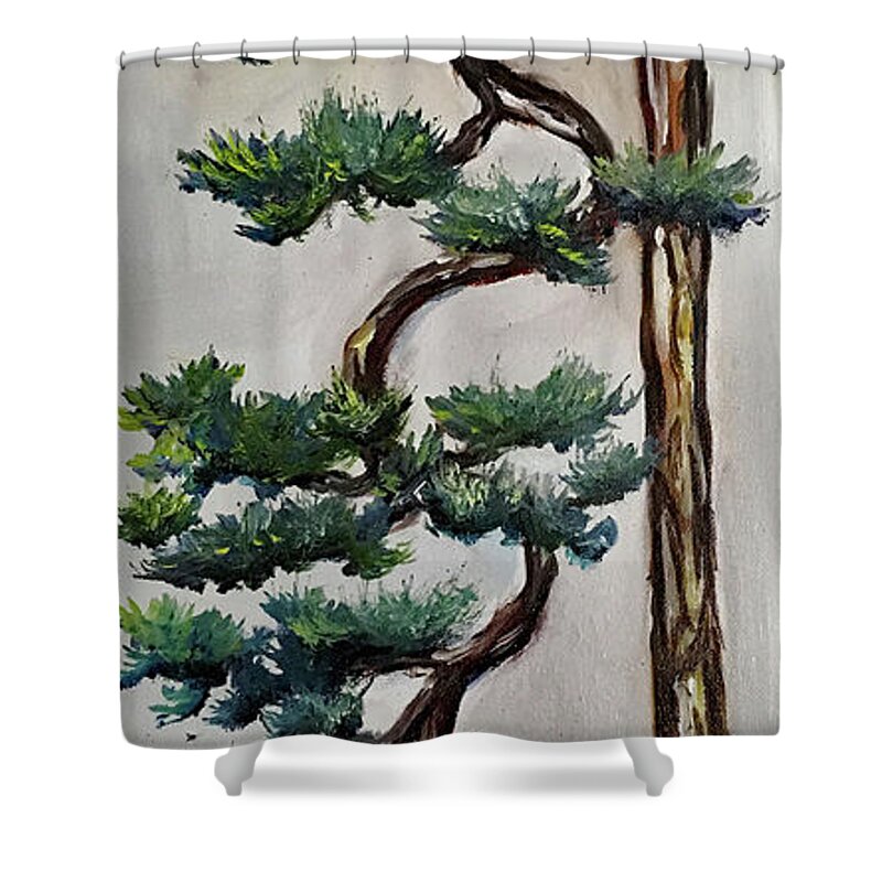 Bonsai Shower Curtain featuring the painting Tall Cascading Bonsai Tree by Roxy Rich