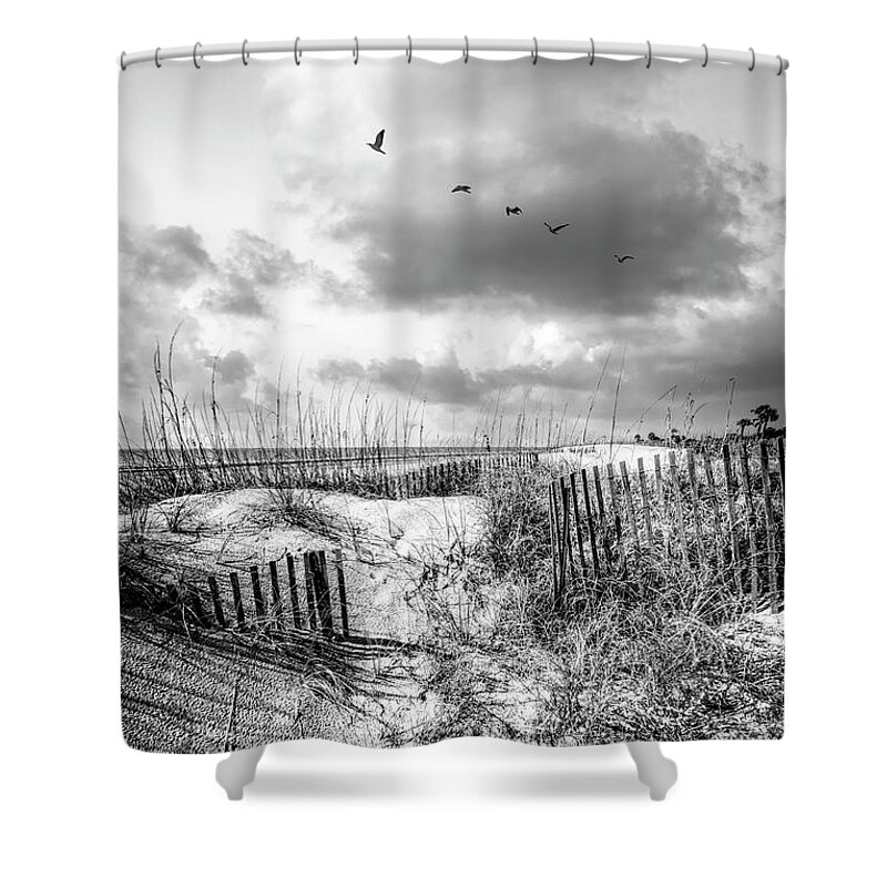 Black Shower Curtain featuring the photograph Tall Clouds over the Dunes Black and White by Debra and Dave Vanderlaan