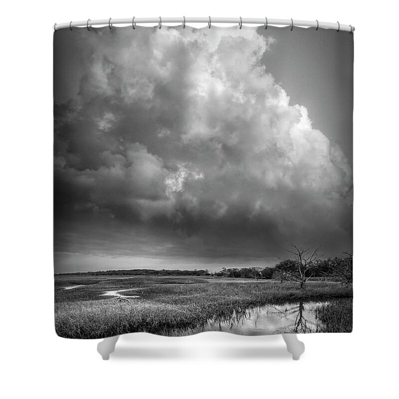 Clouds Shower Curtain featuring the photograph Tall Clouds over the Marsh Black and White by Debra and Dave Vanderlaan