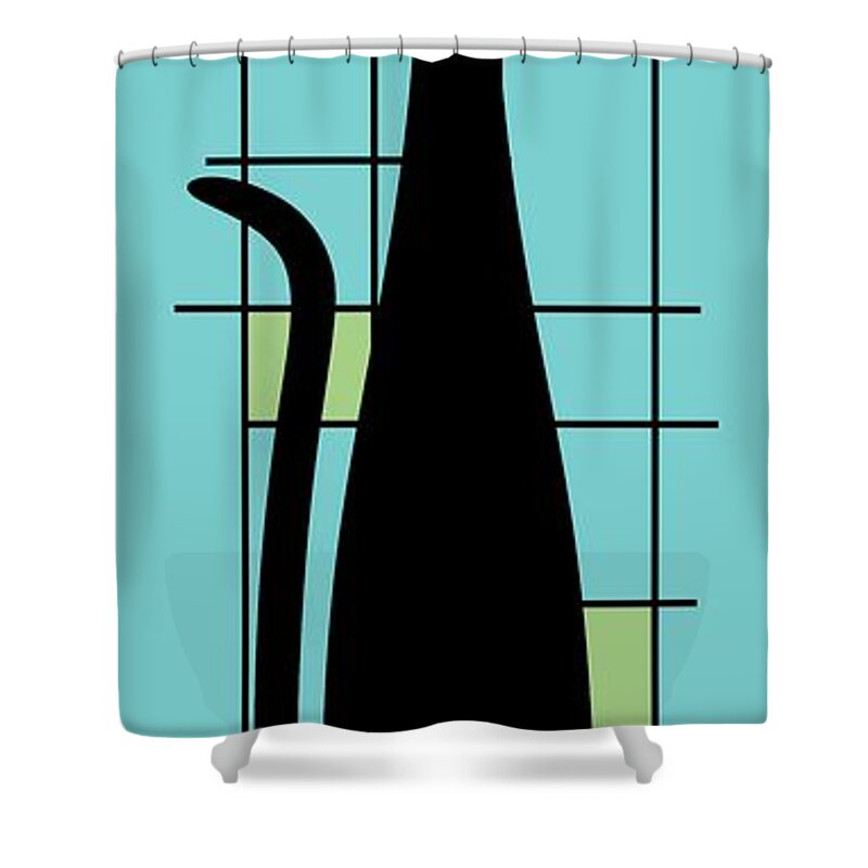 Mid Century Modern Cat Shower Curtain featuring the digital art Tall Mondrian Cat on Blue by Donna Mibus