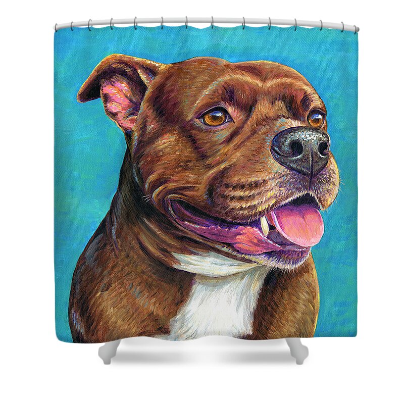 Staffordshire Bull Terrier Shower Curtain featuring the painting Tallulah the Staffordshire Bull Terrier Dog by Rebecca Wang
