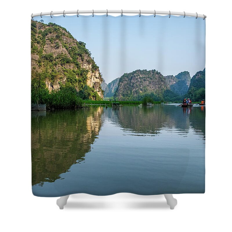 Ba Giot Shower Curtain featuring the photograph Tam Coc View in Ninh Binh by Arj Munoz