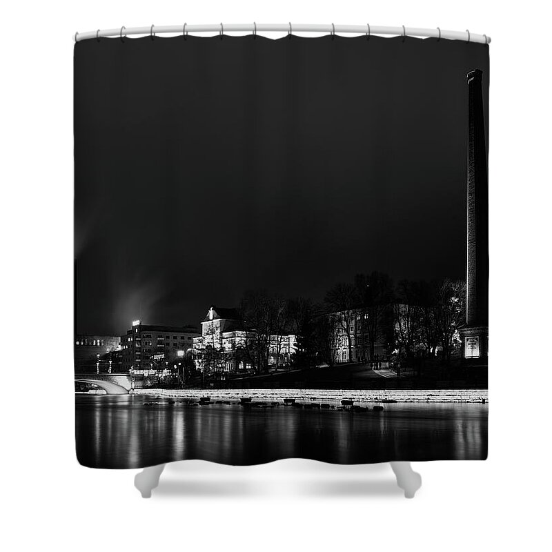 Finland Shower Curtain featuring the photograph Tammerkoski night 2021 bw by Jouko Lehto