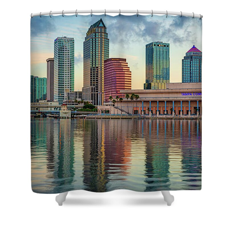 Tampa Skyline Shower Curtain featuring the photograph Tampa Bay Skyline Sunrise Panorama by Gregory Ballos