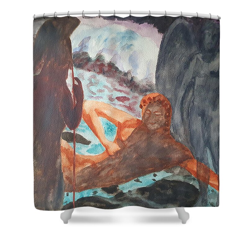 Masterpiece Paintings Shower Curtain featuring the painting Tanathos Death of a Warrior by Enrico Garff