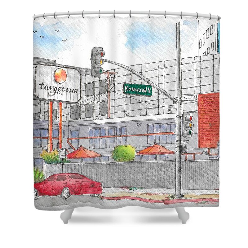 Tangerine Hotel Shower Curtain featuring the painting Tangerine Hotel, Burbank, California by Carlos G Groppa