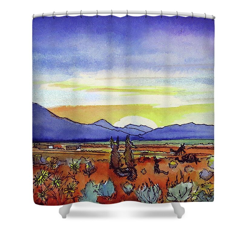 Coyote Shower Curtain featuring the painting Taos Coyote Sunrise by David Sockrider