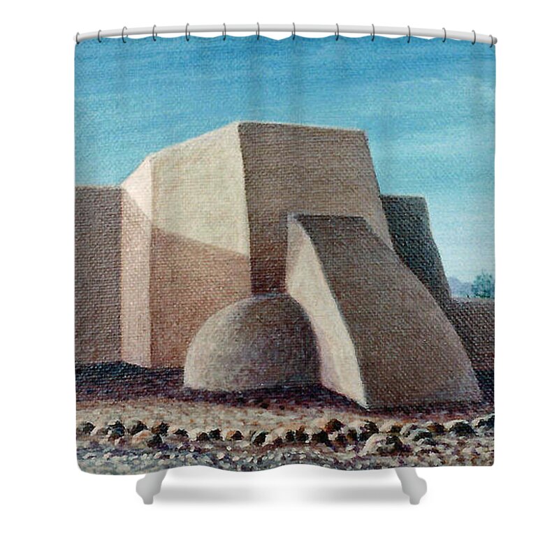 Architectural Landscape Shower Curtain featuring the painting Taos Mission, Back View by George Lightfoot