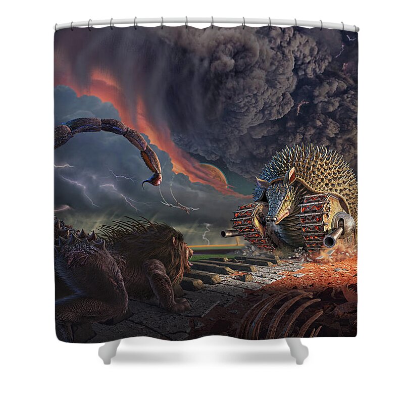 Elp Shower Curtain featuring the digital art Tarkus Legacy 1-Battlefield by Jerry LoFaro