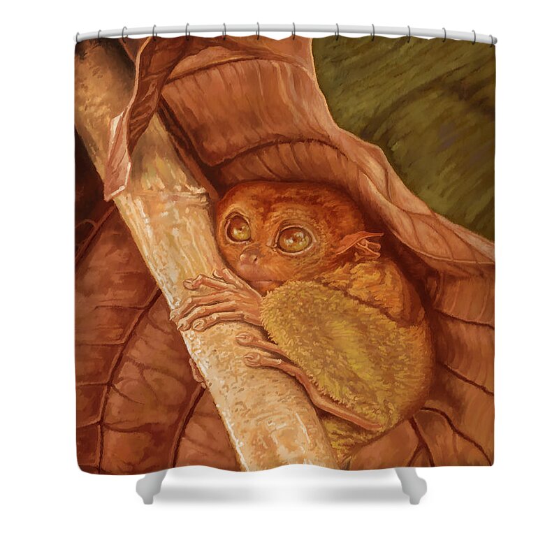 Animal Shower Curtain featuring the painting Tarsier in Place by Hans Neuhart