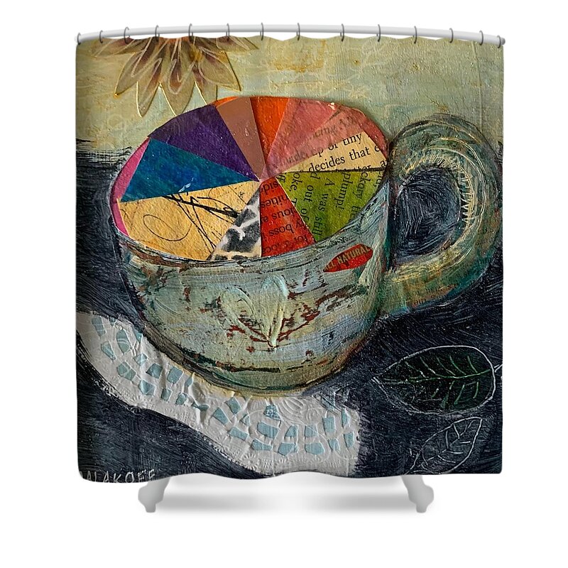 Tea Shower Curtain featuring the mixed media Tea Cup Collage by Julia Malakoff