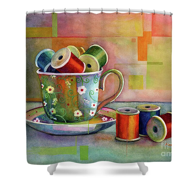 Teacup Shower Curtain featuring the painting Teacup and Spools by Hailey E Herrera