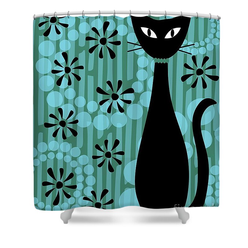 Abstract Cat Shower Curtain featuring the digital art Teal Mod Cat by Donna Mibus