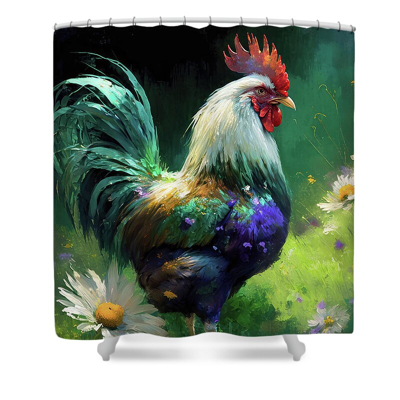 Rooster Shower Curtain featuring the painting Teal Tailed Rooster by Tina LeCour