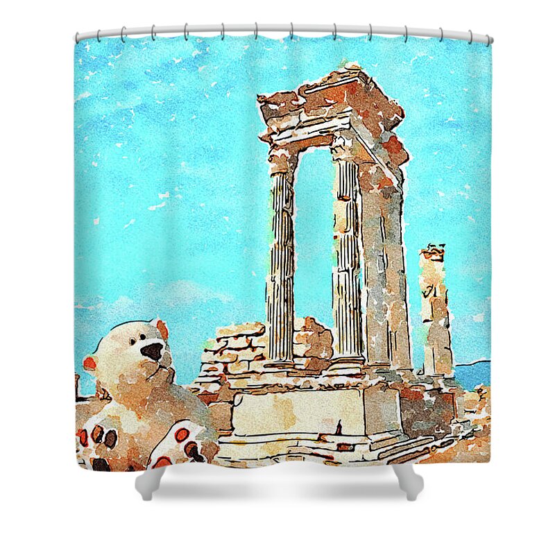 Watercolor Shower Curtain featuring the mixed media Teddy Bear and Ancient Ruins Watercolor Painting by Shelli Fitzpatrick