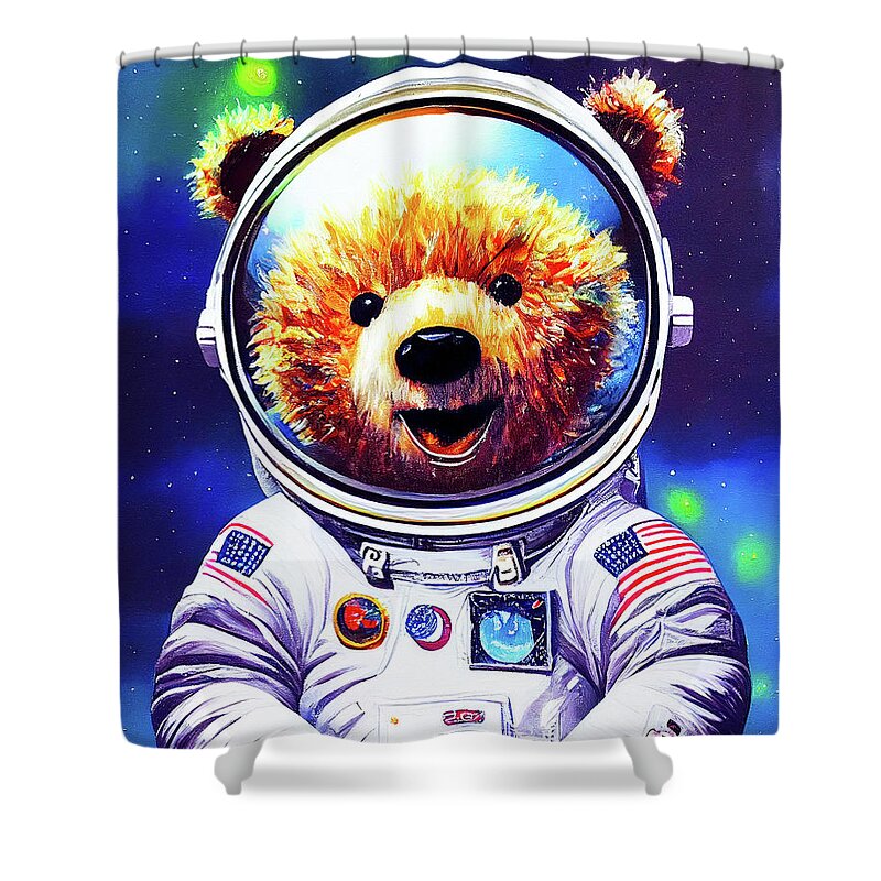 Teddy Bear Shower Curtain featuring the digital art Teddy Bear In Space - Astronaut by Mark Tisdale