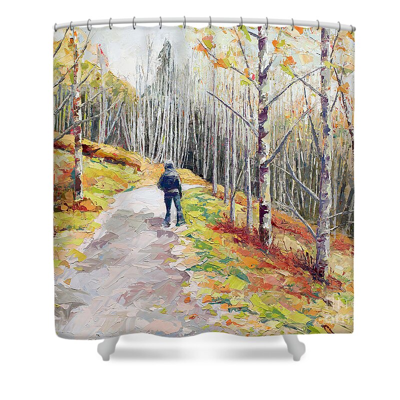 Telluride Shower Curtain featuring the painting Lone Hiker, 2018 by PJ Kirk