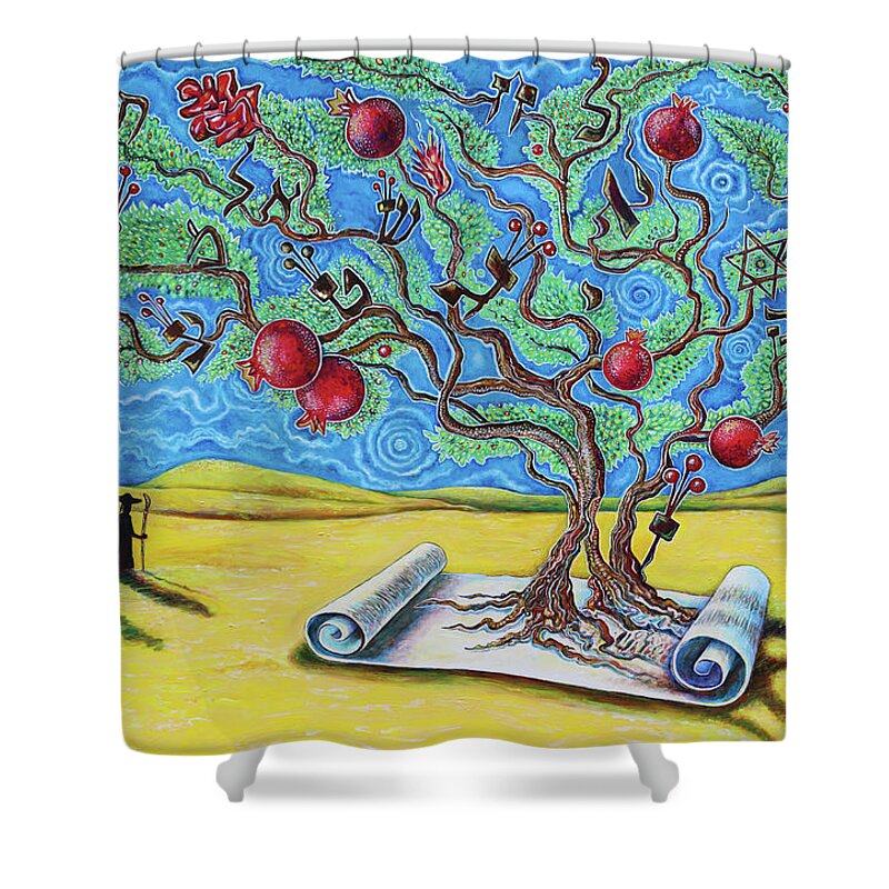Tree Shower Curtain featuring the painting Ten Years In Tzfat by Yom Tov Blumenthal