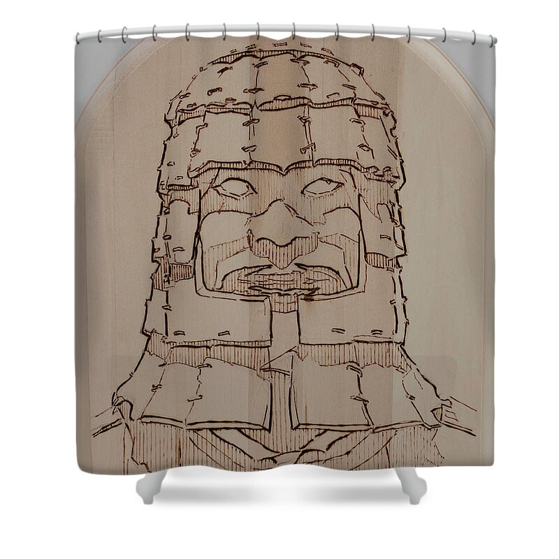 Pyrography Shower Curtain featuring the pyrography Terracotta Warrior - Unearthed by Sean Connolly