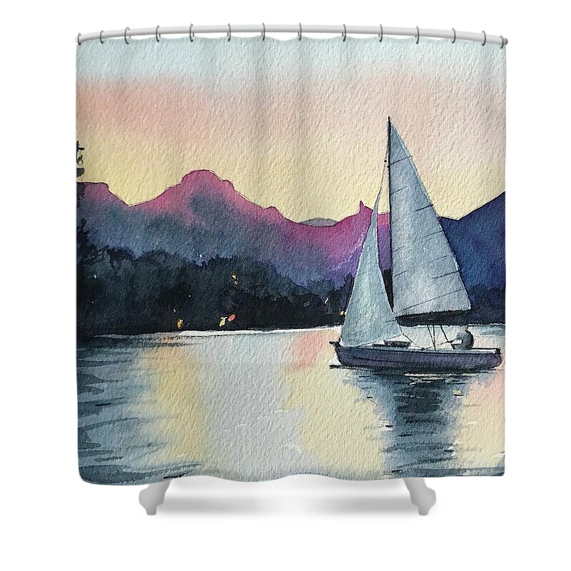 Malibou Lake Shower Curtain featuring the painting Terry In his Boat by Luisa Millicent