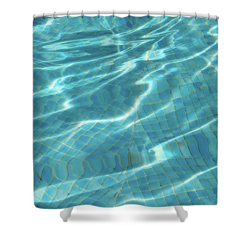 Whimsical Waterworks Shower Curtain featuring the photograph Tessellated Layers and Patterns - Sunlit Turquoise Fabstract by Georgia Mizuleva