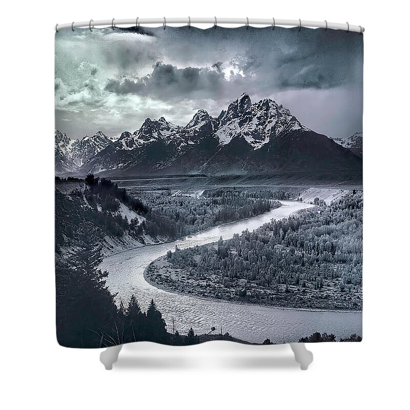 Tetons And The Snake River Shower Curtain featuring the digital art Tetons And The Snake River by Ansel Adams