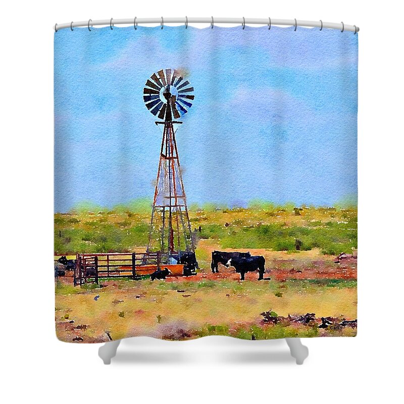 Windmill Shower Curtain featuring the painting Texas Landscape Windmill and Cattle by Carlin Blahnik CarlinArtWatercolor