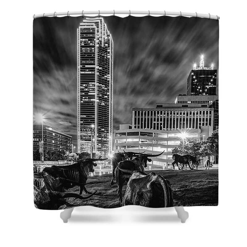 Dallas Skyline Shower Curtain featuring the photograph Texas Longhorn Cattle Drive To the Dallas Skyline - Black and White by Gregory Ballos
