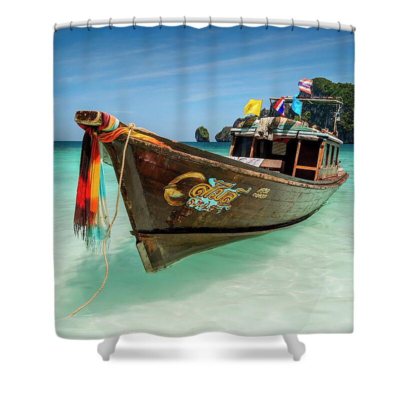 Thailand Shower Curtain featuring the photograph Thailand - long tail boat at Loh Dalum Bay on Koh Phi Phi by Olivier Parent